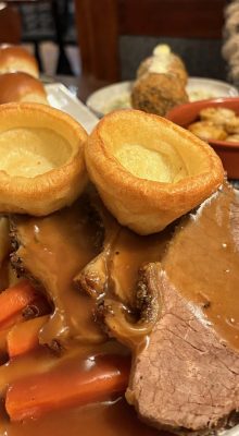 Roast beef Sunday dinner with Yorkshire puddings